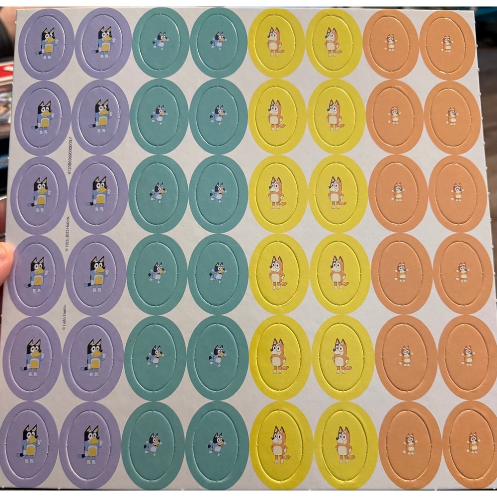 Bluey monopoly junior 2022 48ct Oval‎ Stickers Purple Teal Yellow Orange